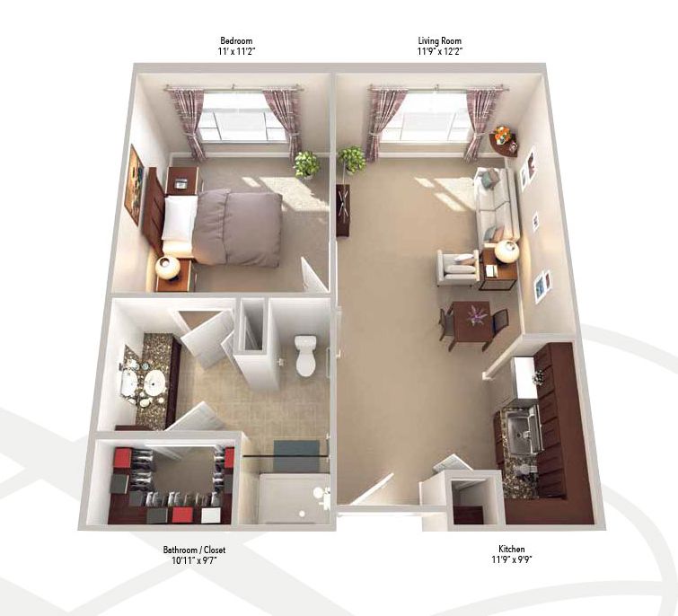 A 3D floor plan of a one-bedroom apartment, showcasing the layout and furniture arrangement.