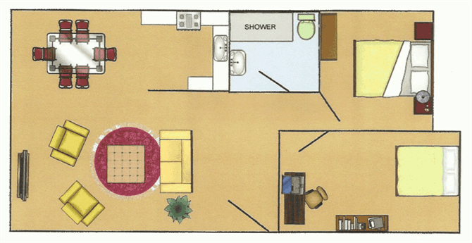 This is a floor plan of an apartment showing the layout of a living room, kitchen, and bathroom with furniture placement.