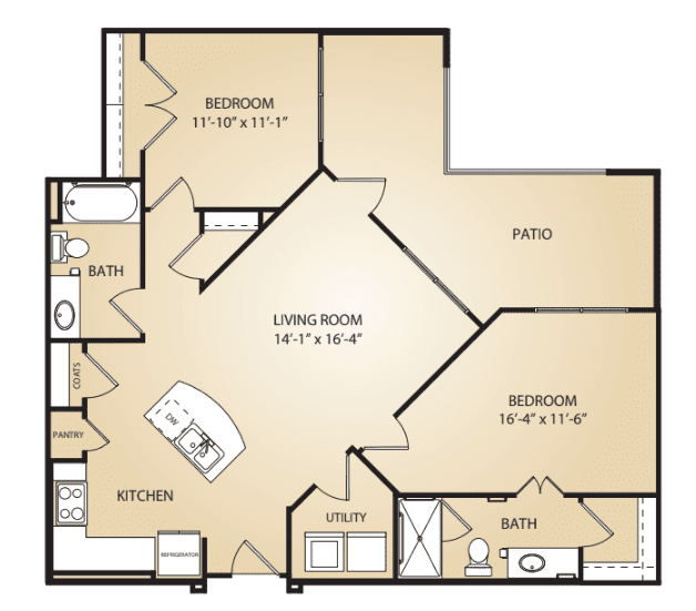 This image shows a floor plan of an apartment with two bedrooms, two bathrooms, a kitchen, a living room, and a patio.