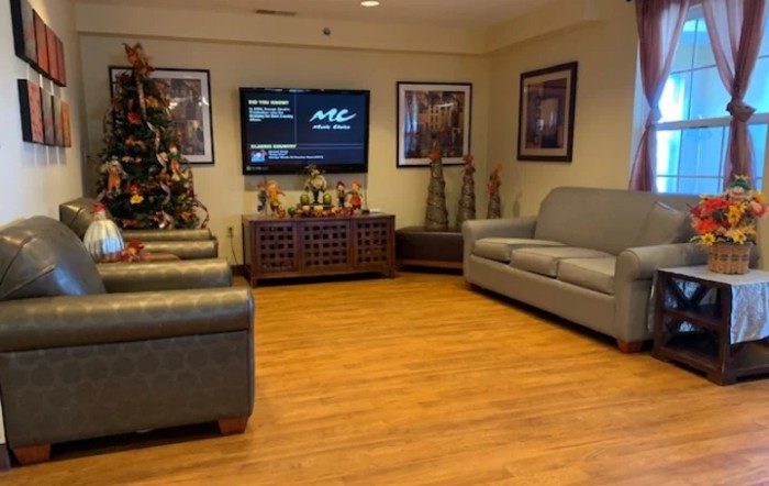 A cozy living room with comfortable seating, a decorated Christmas tree, and a wall-mounted television.