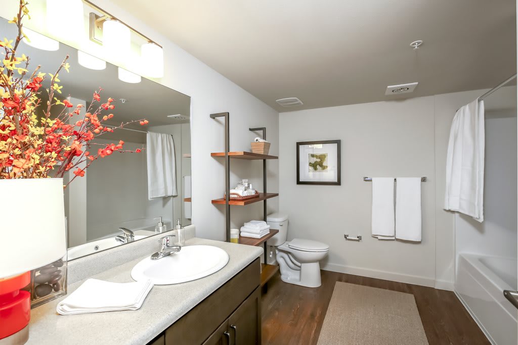 A modern bathroom with a sink, mirror, and decorative shelving.