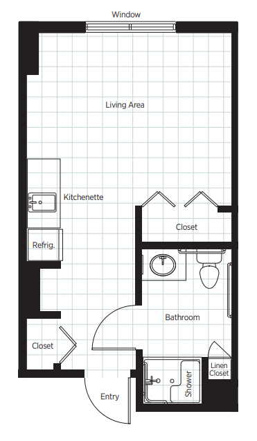 A simple studio apartment floor plan with a living area, bathroom, kitchenette, and closet.