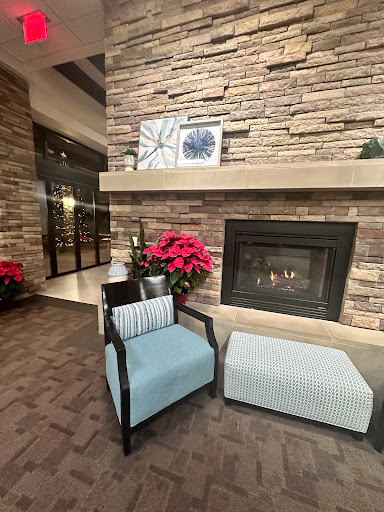 A cozy lounge area featuring a fireplace, modern furniture, and decorative plants.