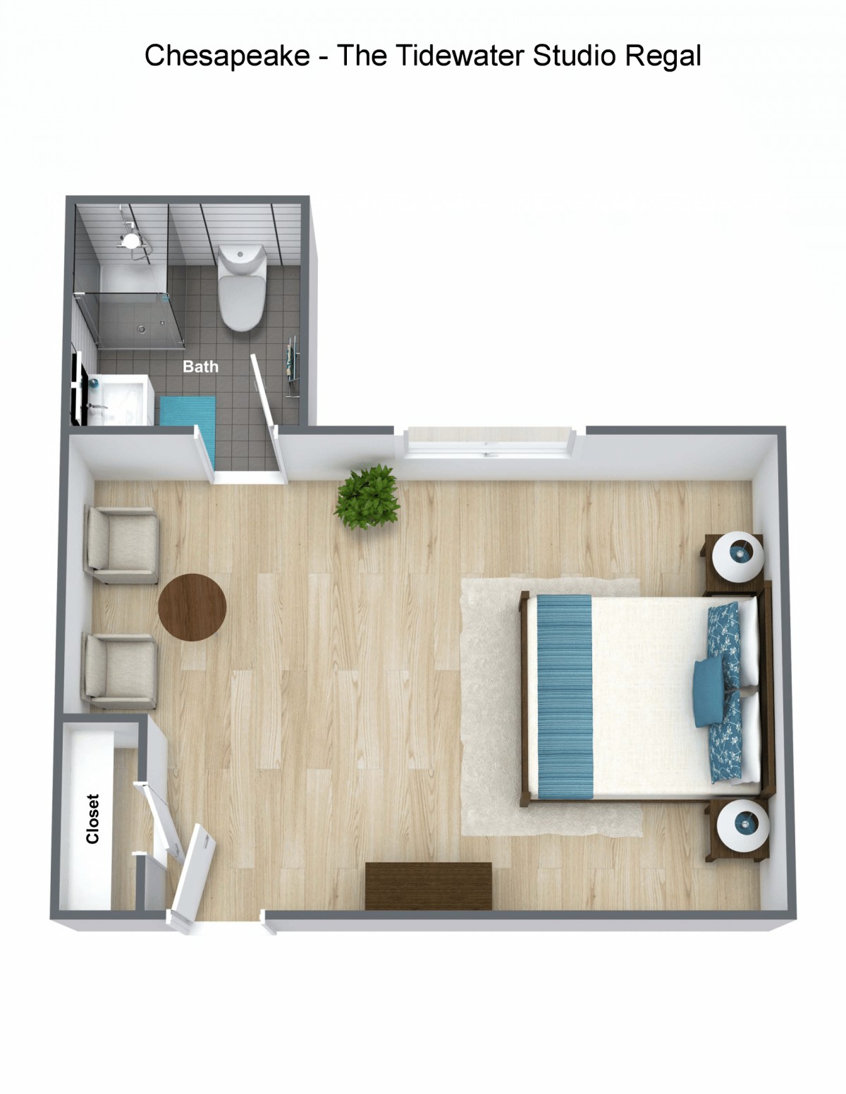 A floor plan featuring a bedroom with an adjoining bathroom.