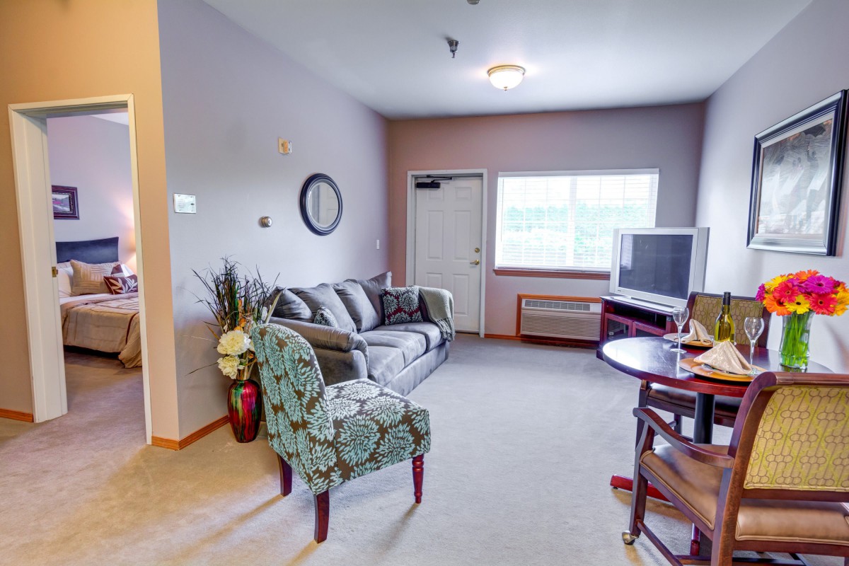 A cozy living room with a sofa, patterned chair, and a television near the window.