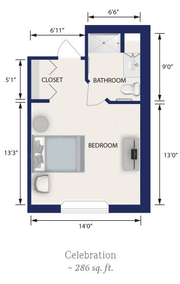 A simple floor plan of a bedroom with dimensions, including a closet and bathroom.