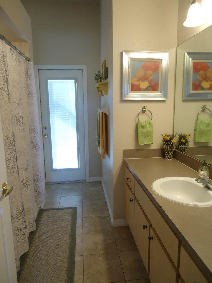 A well-organized bathroom featuring a sink, mirror, and shower curtain with decorative elements.