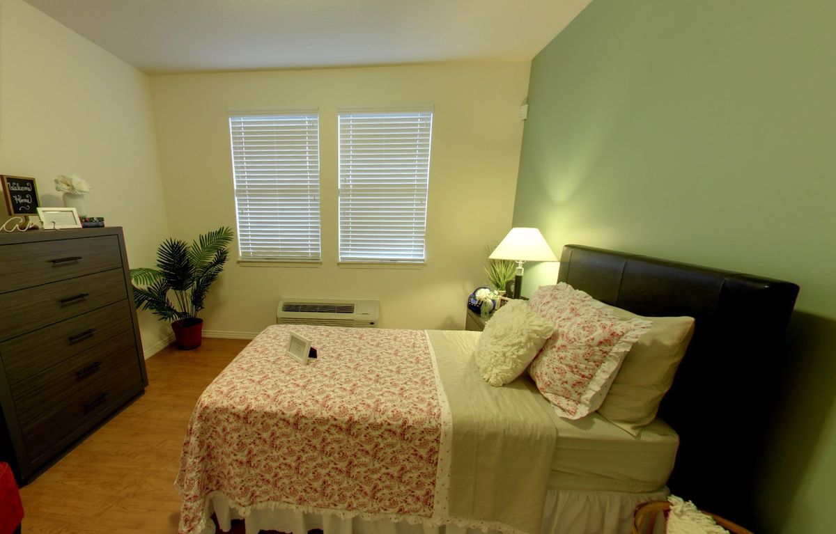 A cozy bedroom with a single bed, lamp, and potted plant.