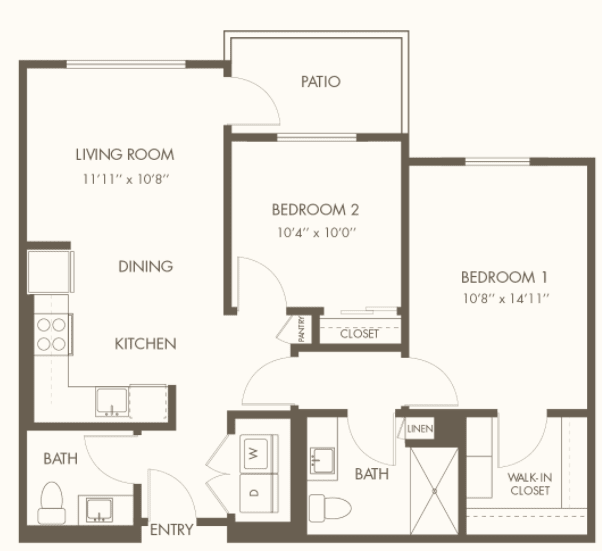 Two-bedroom apartment floor plan with living room, kitchen, and den.