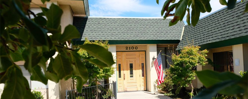 A house entrance with a wooden door, adorned with an American flag and surrounded by greenery.