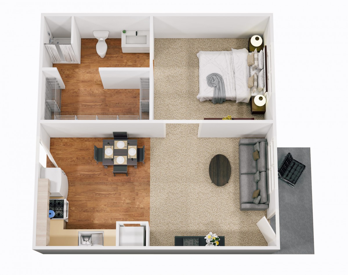 A 3D floor plan of a one-bedroom apartment showcasing a living room, bedroom, kitchen, and bathroom.