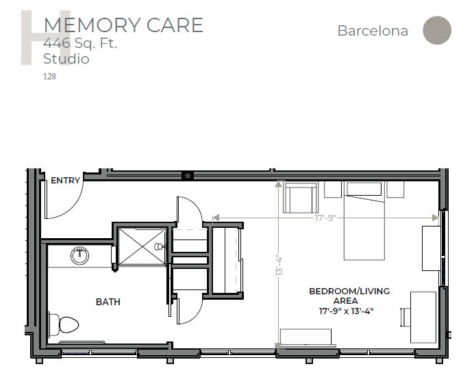 Studio apartment floor plan for memory care facility.