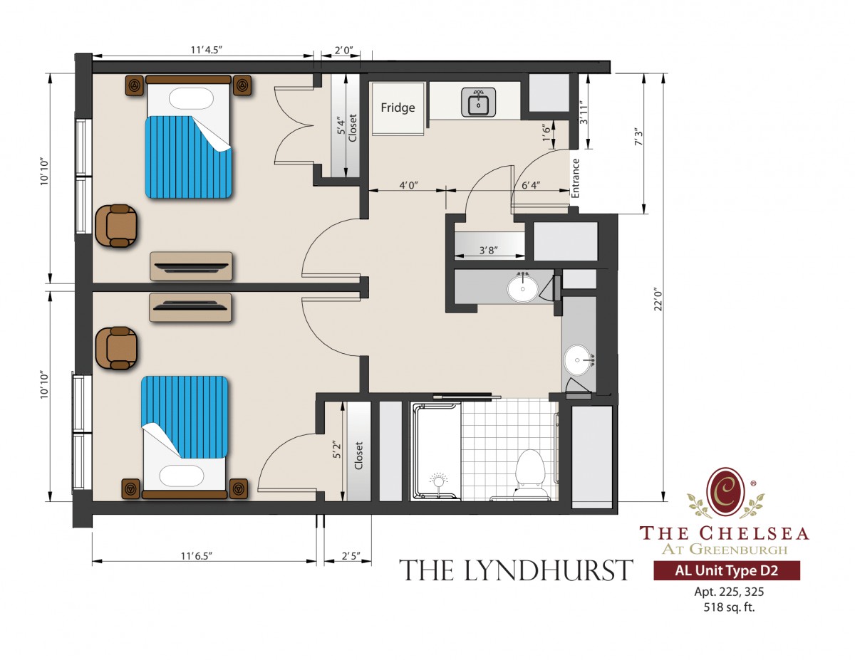 A floor plan layout of a two-bedroom apartment showing the arrangement of rooms and amenities.