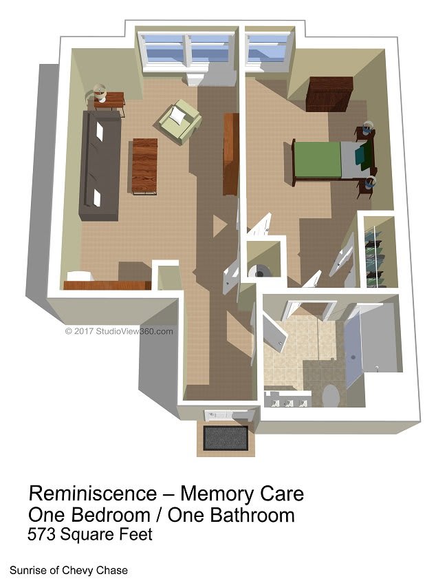 3D floor plan of a one-bedroom memory care unit.