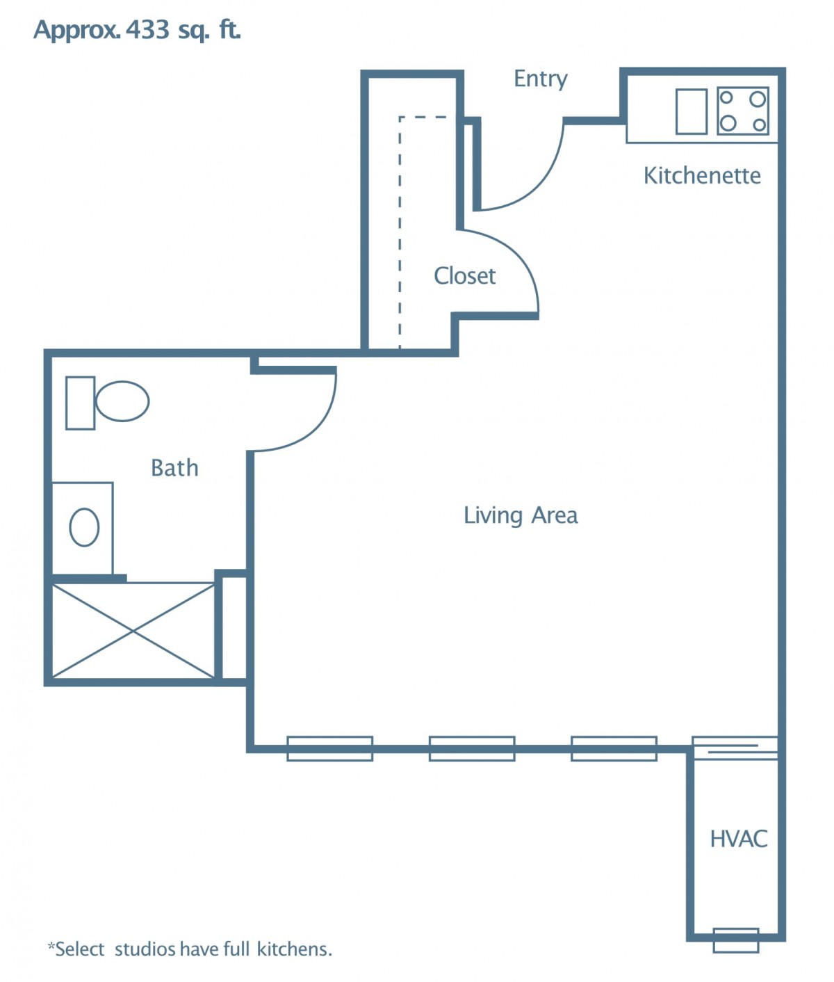 A floor plan of a studio apartment featuring a living area, kitchenette, and bathroom.