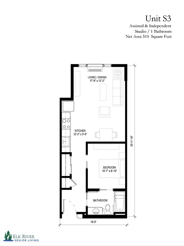A floor plan of a one-bedroom apartment featuring a kitchen, living room, and bathroom.