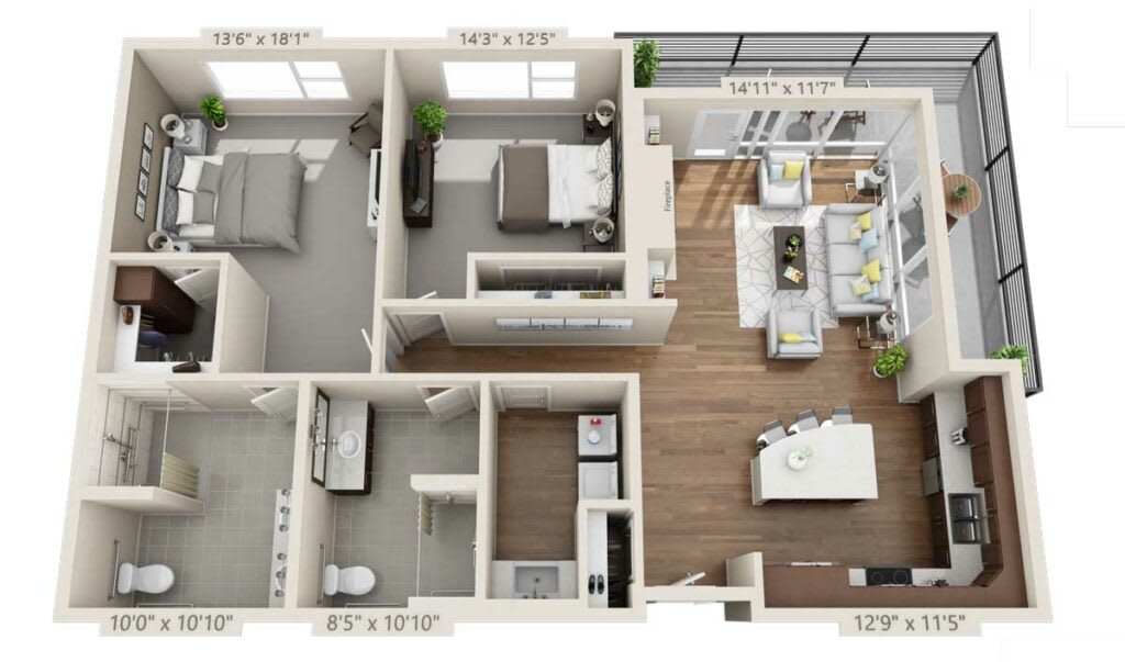 A detailed floor plan of a modern 2-bedroom apartment with an open concept living and dining area.