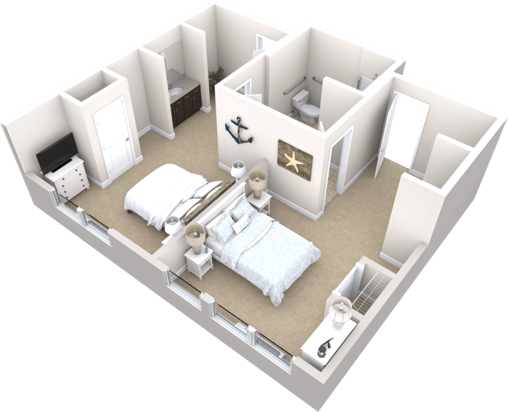 3D floor plan of a bedroom with interior design elements.