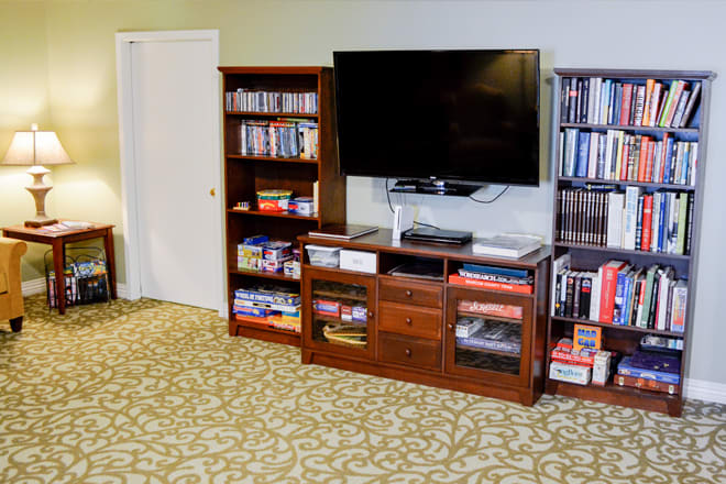 A cozy living room setup with a TV and bookshelves filled with various items.