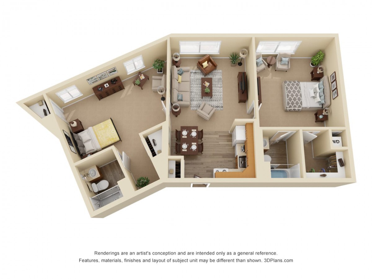 3D floor plan of a spacious apartment featuring multiple rooms and an open living area.