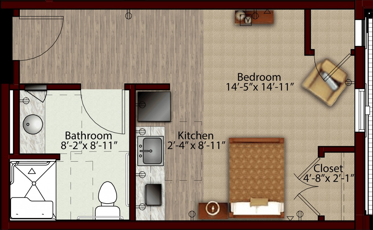 A floor plan of an apartment showing the layout of a bedroom, kitchen, and bathroom.