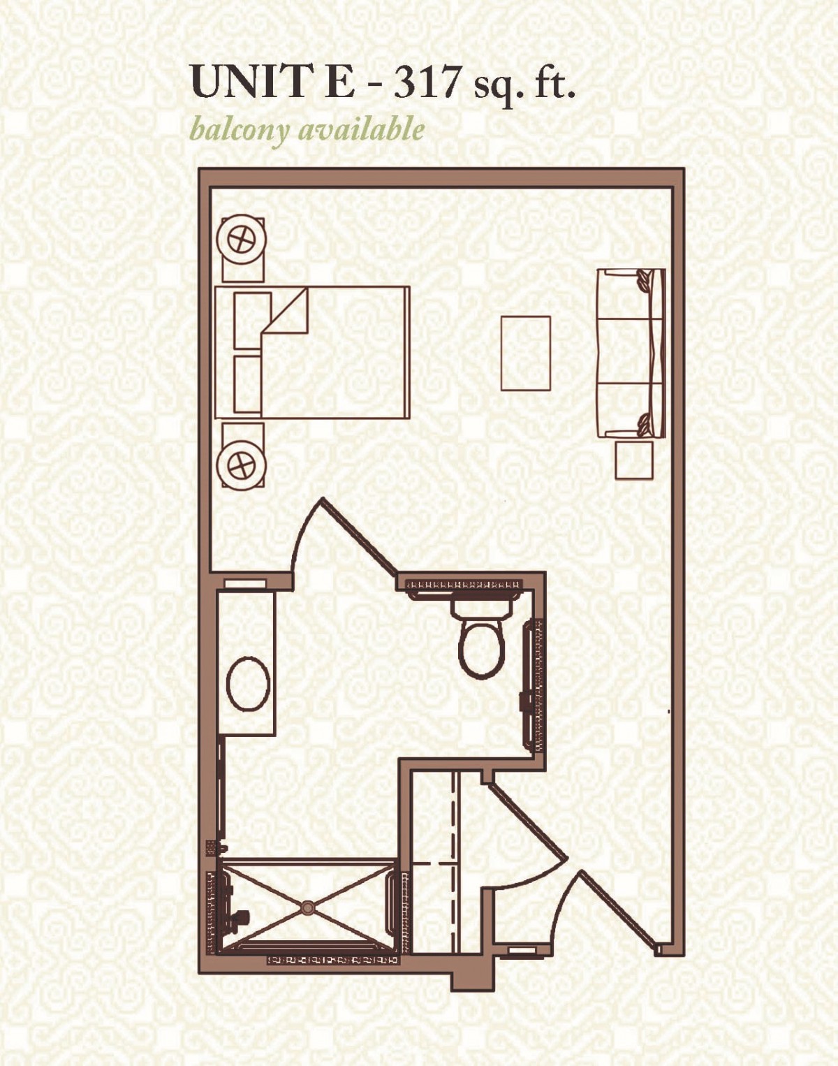 A floor plan of a studio apartment, showcasing the layout with a bed, seating area, kitchen, and bathroom.