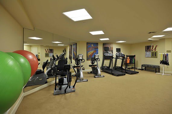 A clean and well-equipped gym with treadmills, elliptical machines, and mirrors.