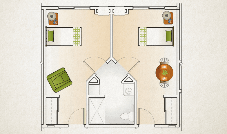 A detailed floor plan of an apartment featuring two bedrooms, a shared living area, and bathrooms.