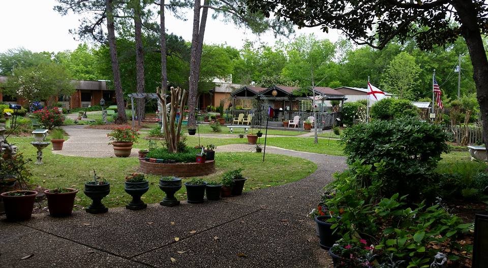 A serene garden with a winding pathway leading to a house, surrounded by lush greenery and potted plants.