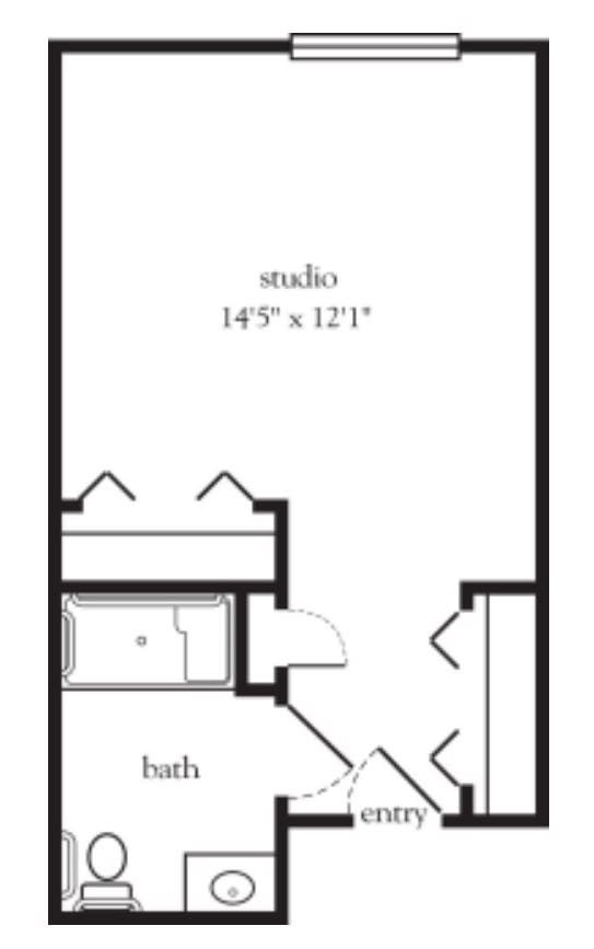 Floor plan of a studio apartment with dimensions.