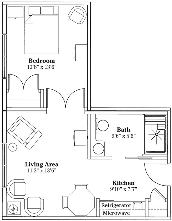 A simple apartment floor plan showing the layout of a bedroom, living area, kitchen, and bathroom.