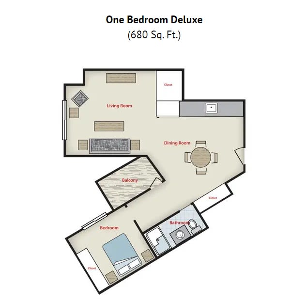 One Bedroom Deluxe apartment floor plan with a total area of 680 square feet.