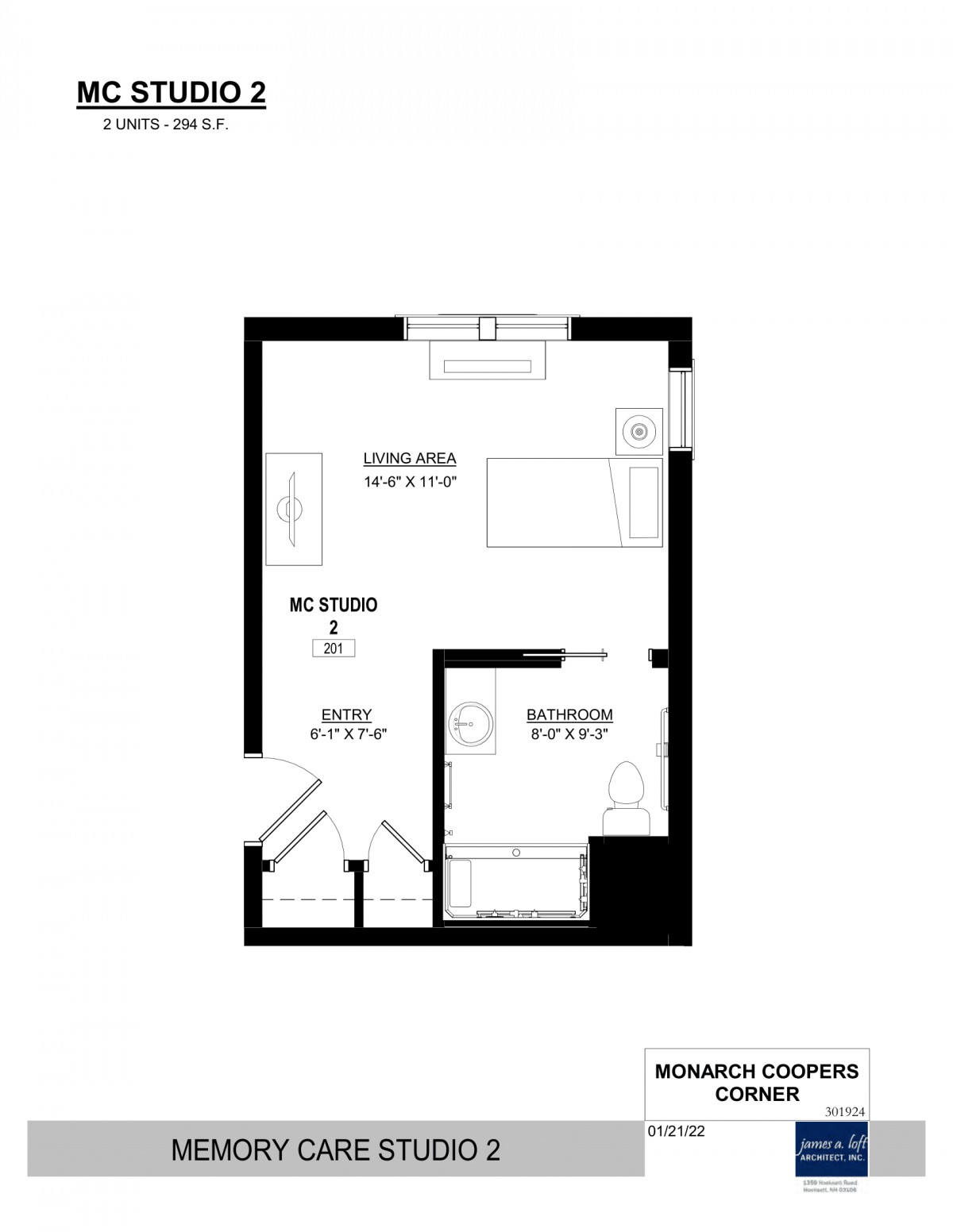 Studio apartment floor plan with dimensions and labeled areas.