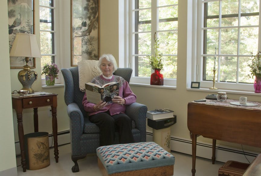 An elderly woman sits comfortably in an armchair, enjoying a book in a cozy, naturally lit room.