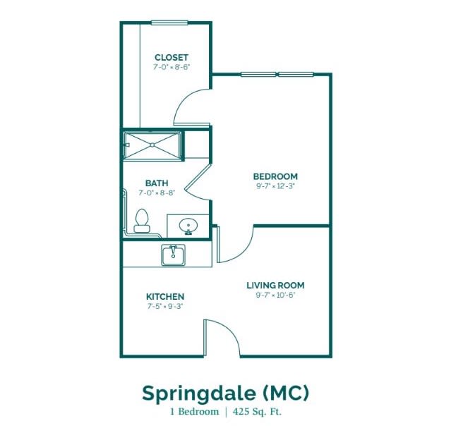 Springdale apartment floor plan featuring a one-bedroom, bathroom, kitchen, and living room.