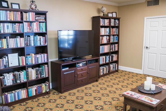A cozy living room with bookshelves, a television, and a patterned carpet.