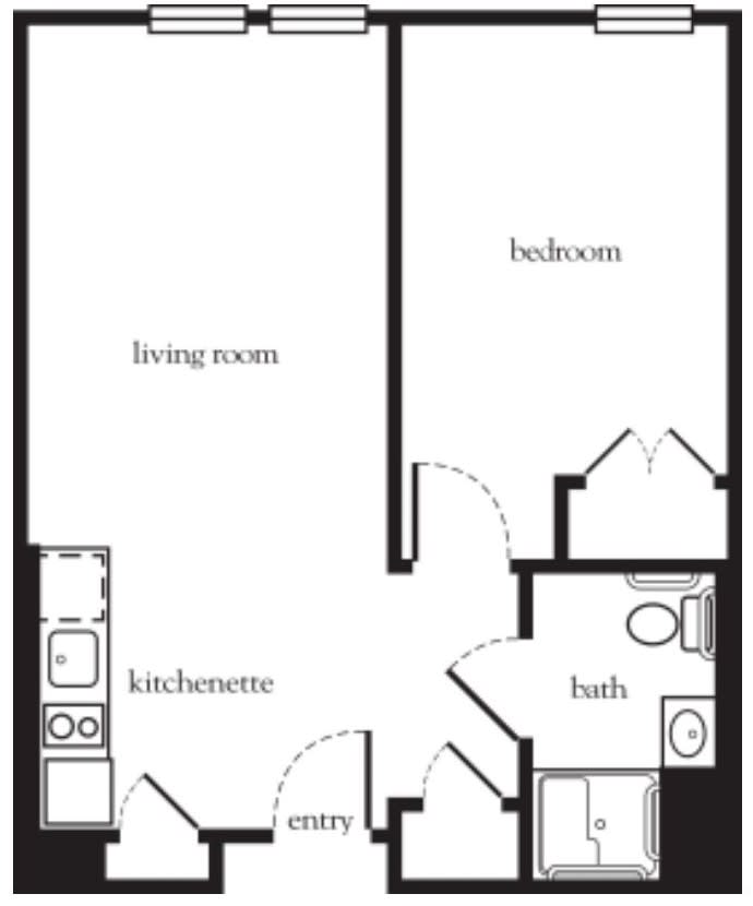 A simple floor plan of a one-bedroom apartment featuring a living room, kitchenette, and bathroom.