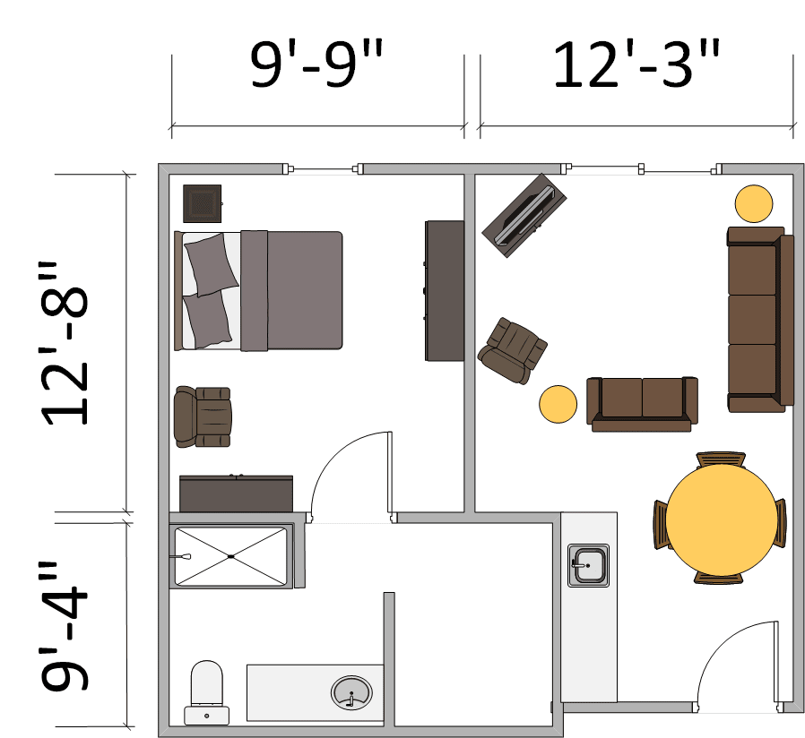 A floor plan depicting a small apartment with a bedroom, living area, and dimensions.