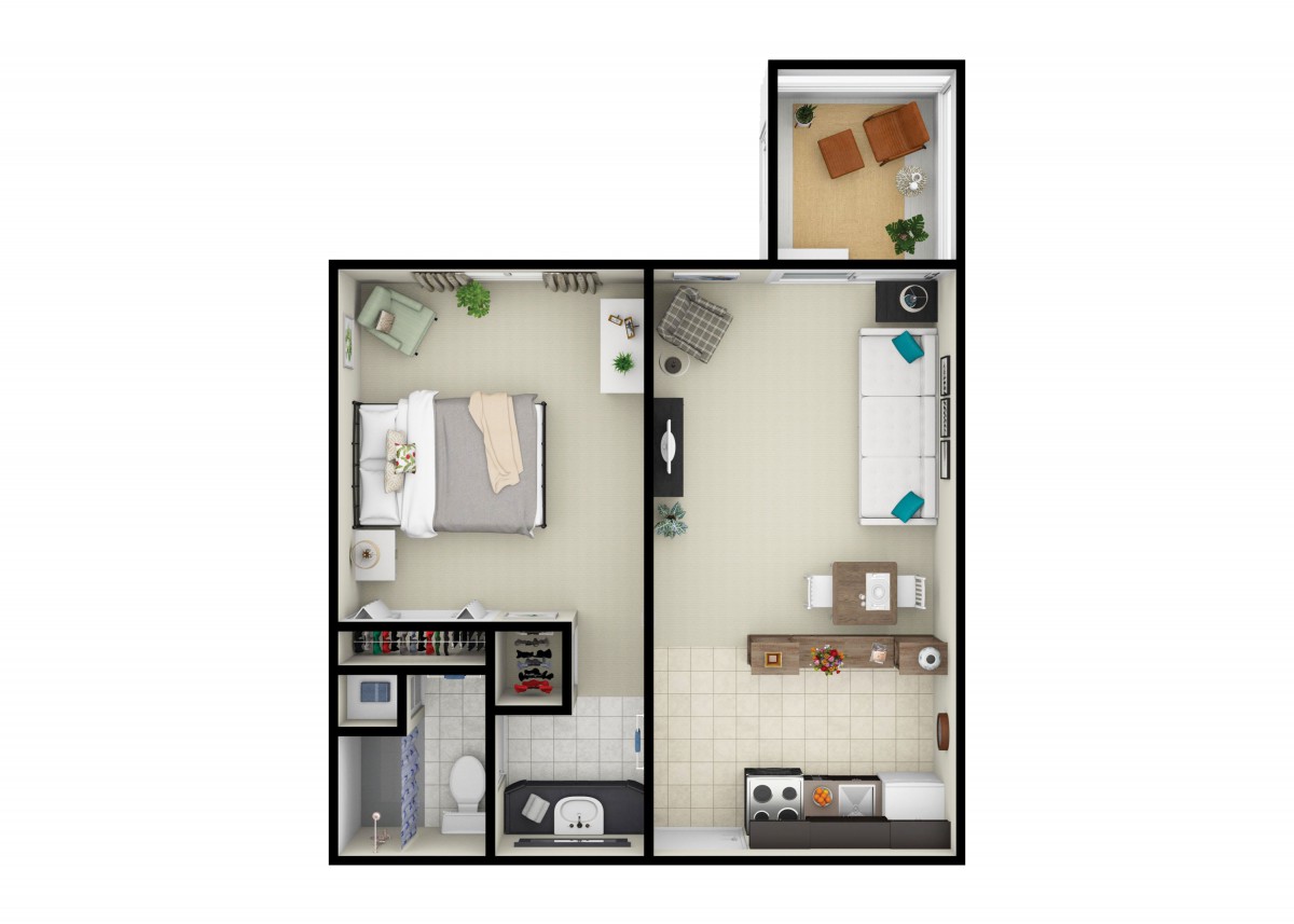 A modern apartment floor plan featuring a one-bedroom layout with living room, kitchen, bathroom, and balcony.