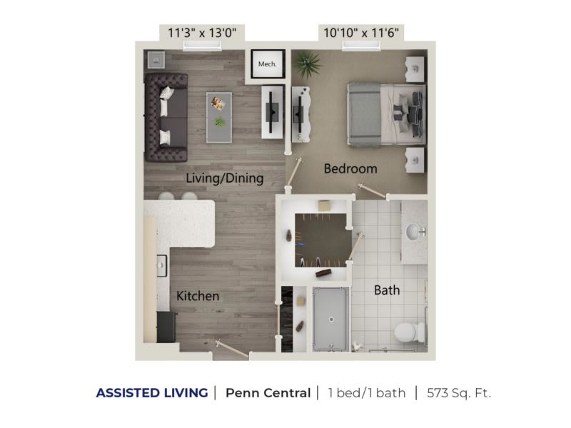 One-bedroom assisted living apartment floor plan measuring 575 sq. ft.