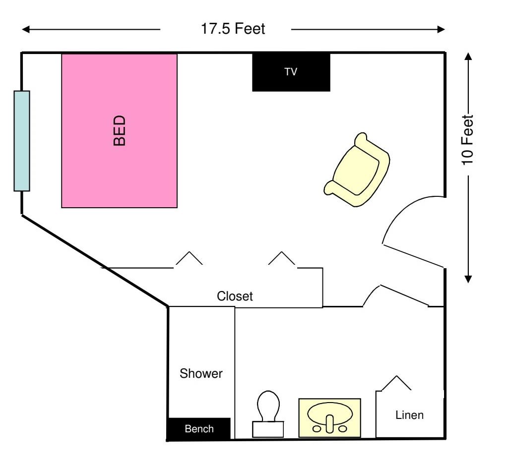 A floor plan of a room with dimensions, featuring a bed, TV, armchair, closet, and en-suite bathroom.