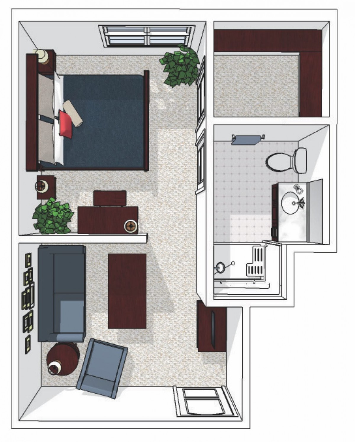 A detailed floor plan of a one-bedroom apartment, featuring a living room, kitchen, and bathroom.
