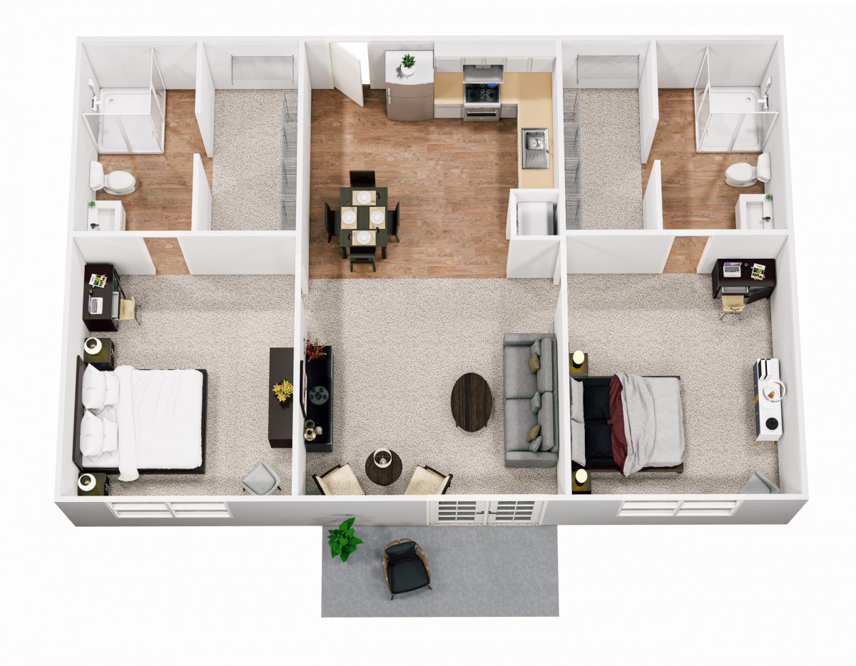 A top-down view of a three-bedroom apartment floor plan with shared living space and kitchen.