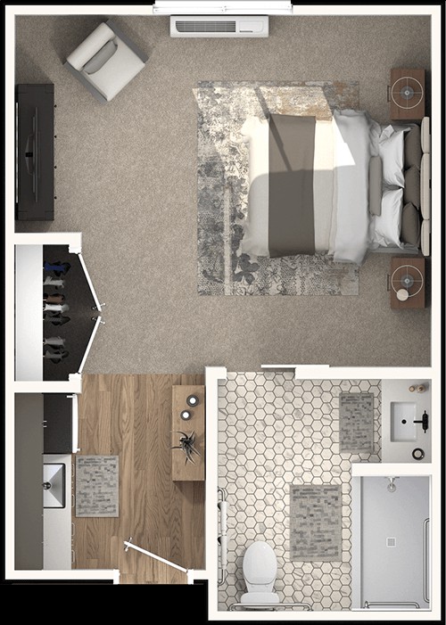 A detailed floor plan of a bedroom and adjoining areas, showcasing furniture arrangement and interior design.