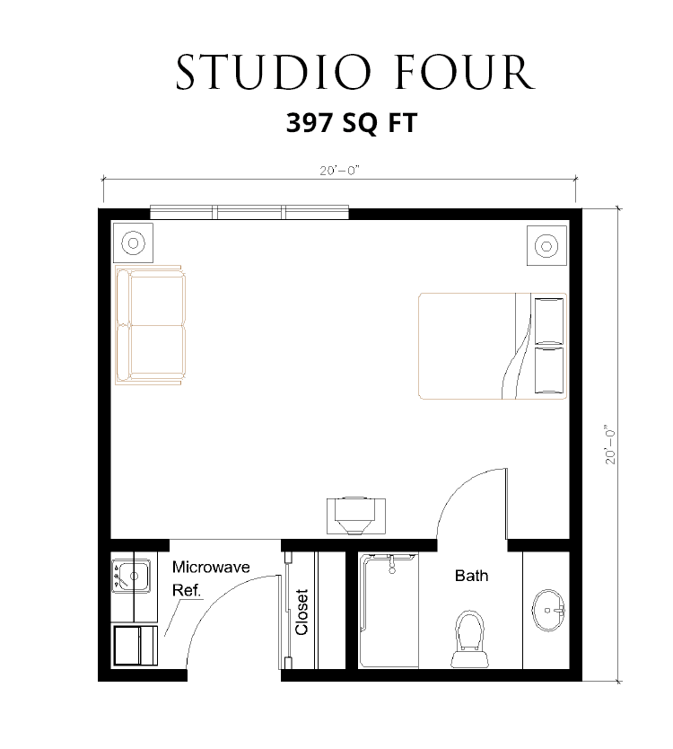 Floor plan of a 397 square foot studio apartment.