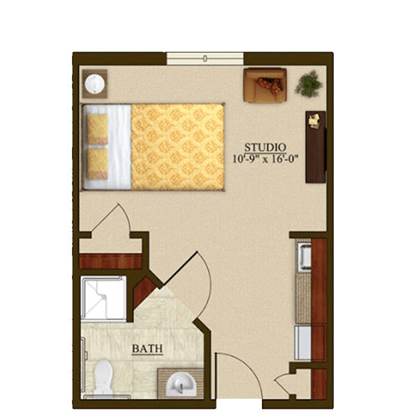 A studio apartment floor plan, featuring a bedroom area, bathroom, and small living space.
