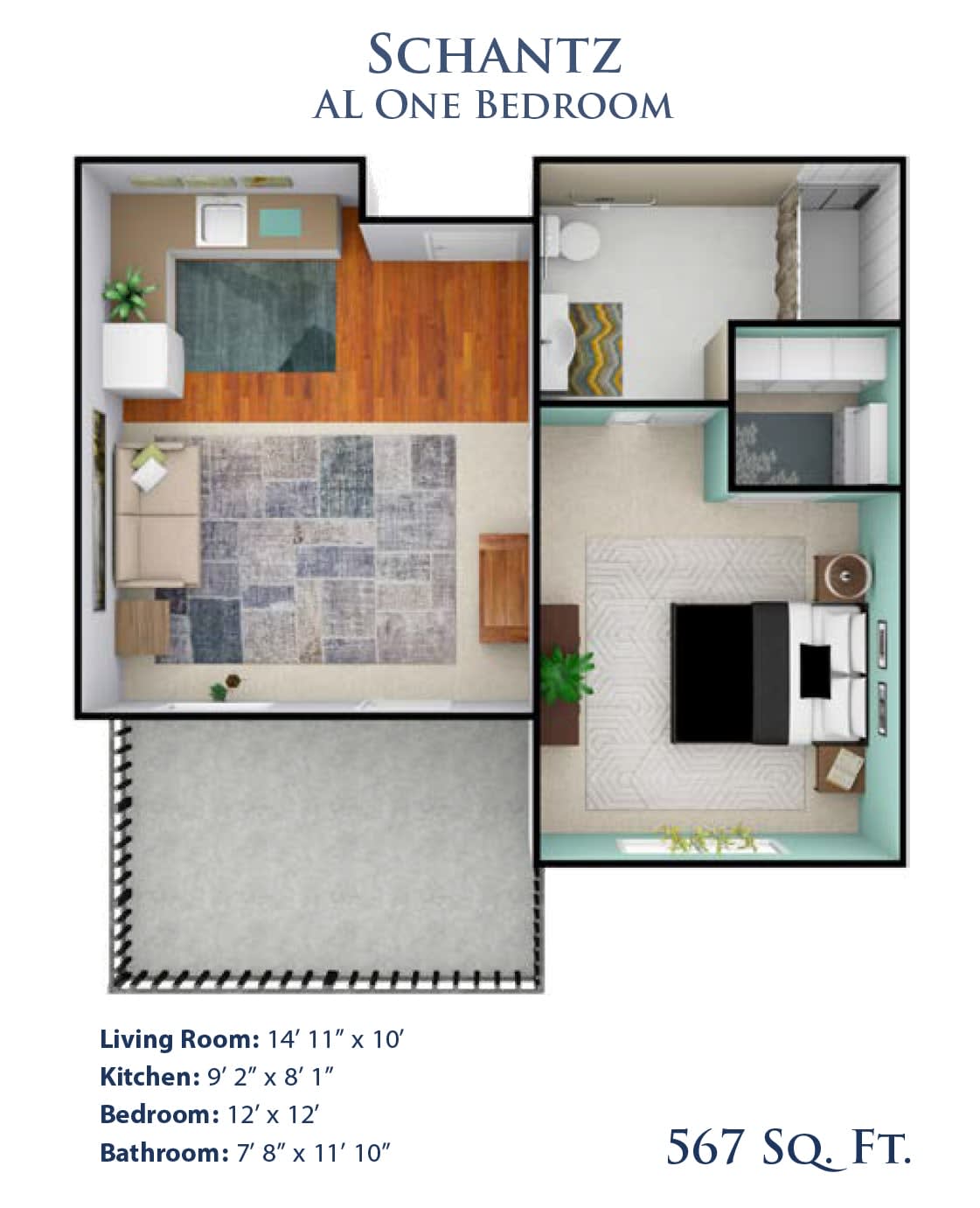 This image features a detailed floor plan of a small apartment, including areas for a living room, kitchen, bedroom, and bathroom.