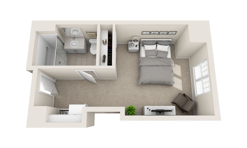 A 3D rendering of a small apartment floor plan featuring a bedroom and bathroom.