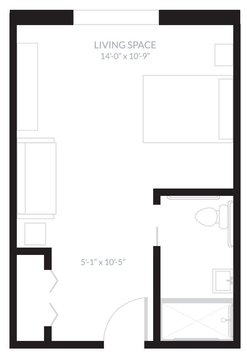 A simple floor plan showing the layout and dimensions of a single-room apartment with a bathroom.