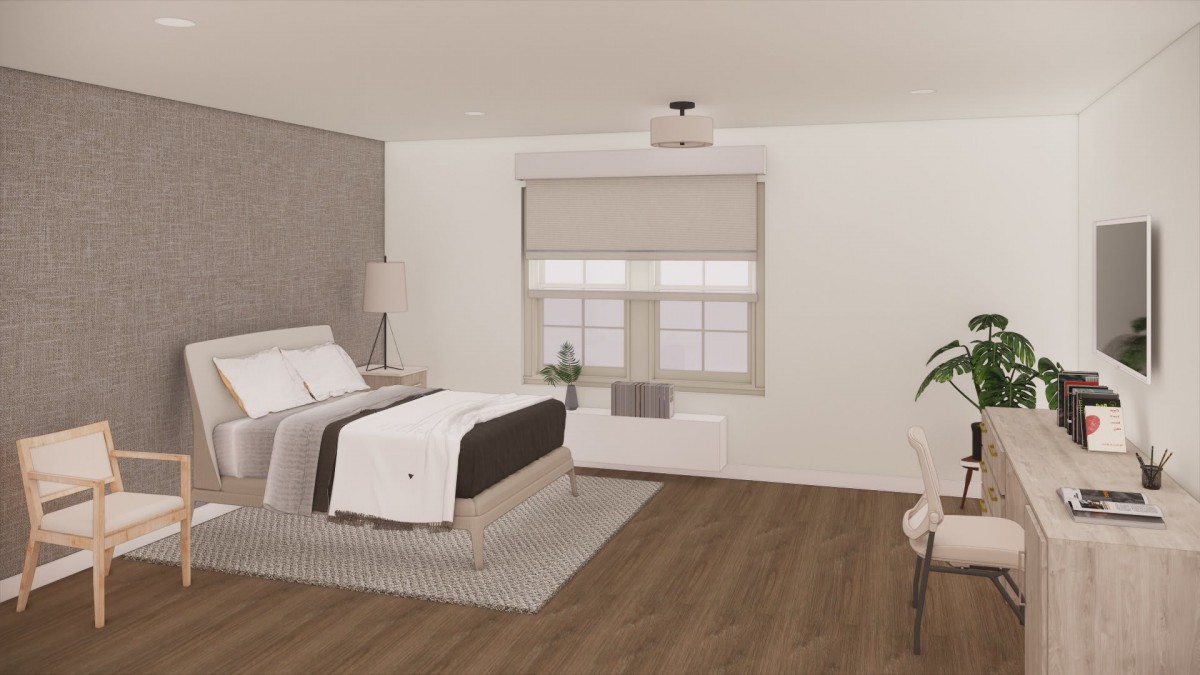A modern, minimalist bedroom with neutral colors and wooden flooring.